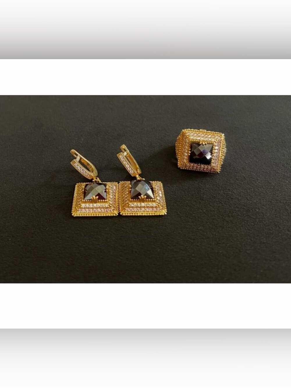 Pink, White and black Authentic Ottoman Turkish Jewelry Earring and Ring set 7.5